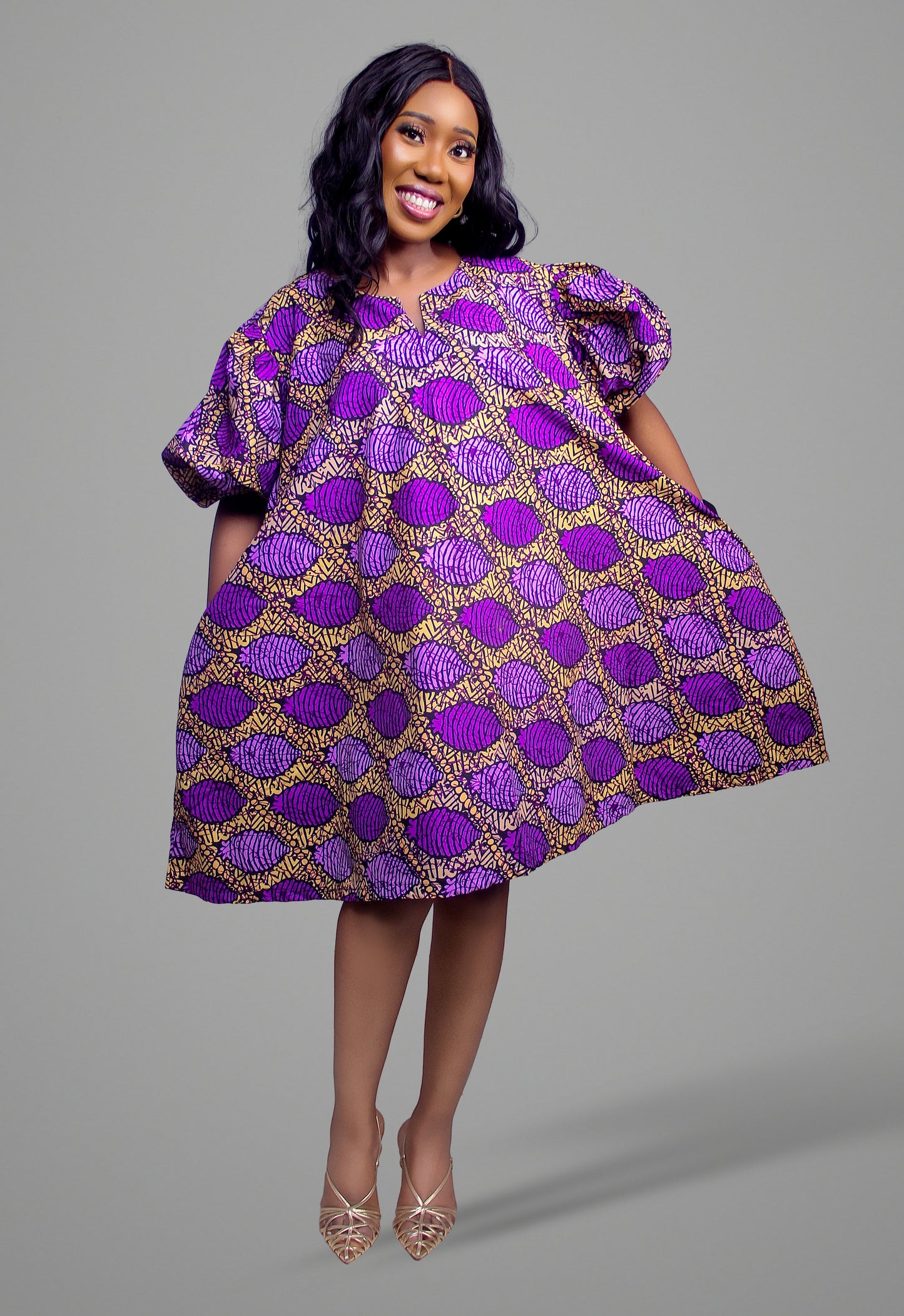 Purple and gold fish scale print puff sleeve dress