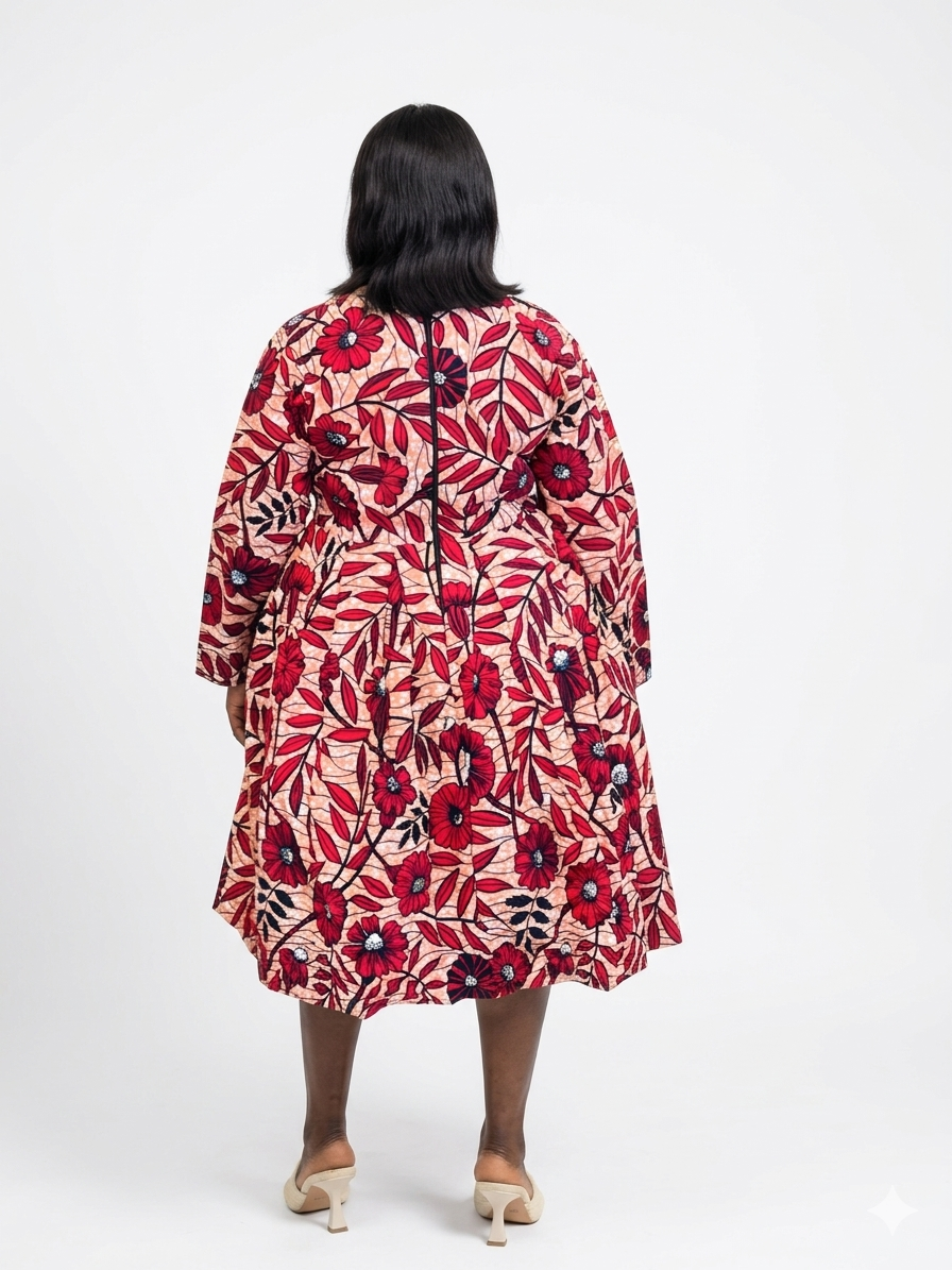 Back view of the red floral African print midi dress showing the tailored back construction.