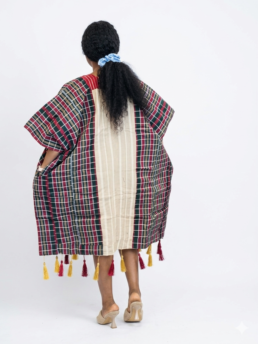 Striped Cotton Kaftan Dress with Tassel Detail