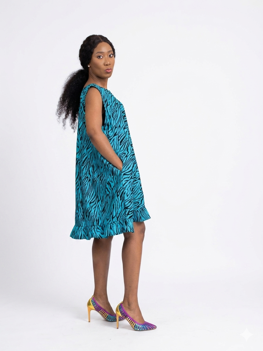 Side profile of the blue and black zebra print dress featuring a ruffled hem