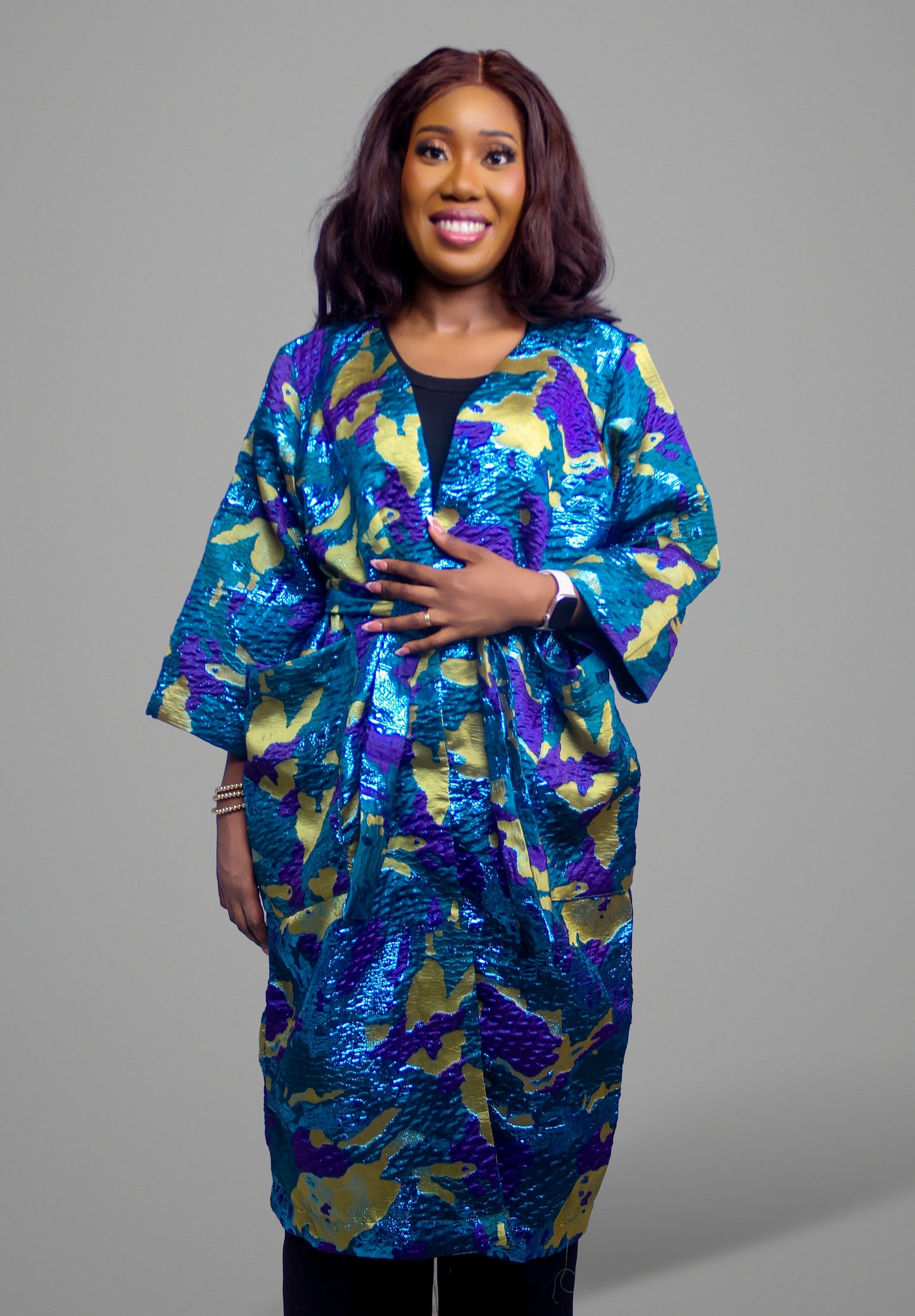 Floral Brocade Kimono Coat with Tie Waist
