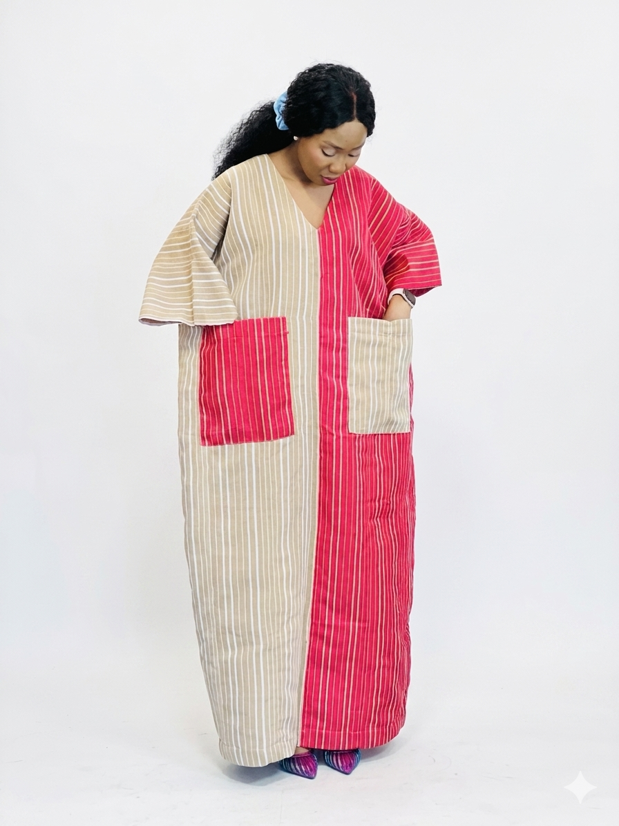 Colorblocked striped kaftan dress with large contrasting front pockets