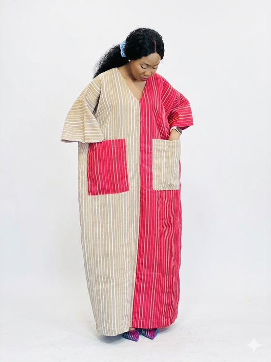 Colorblocked striped kaftan dress with large contrasting front pockets