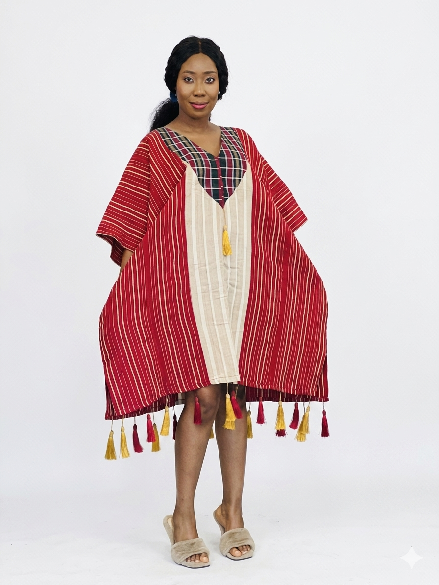 Front view of the red and white striped kaftan dress with plaid neck detail and tassel hem.