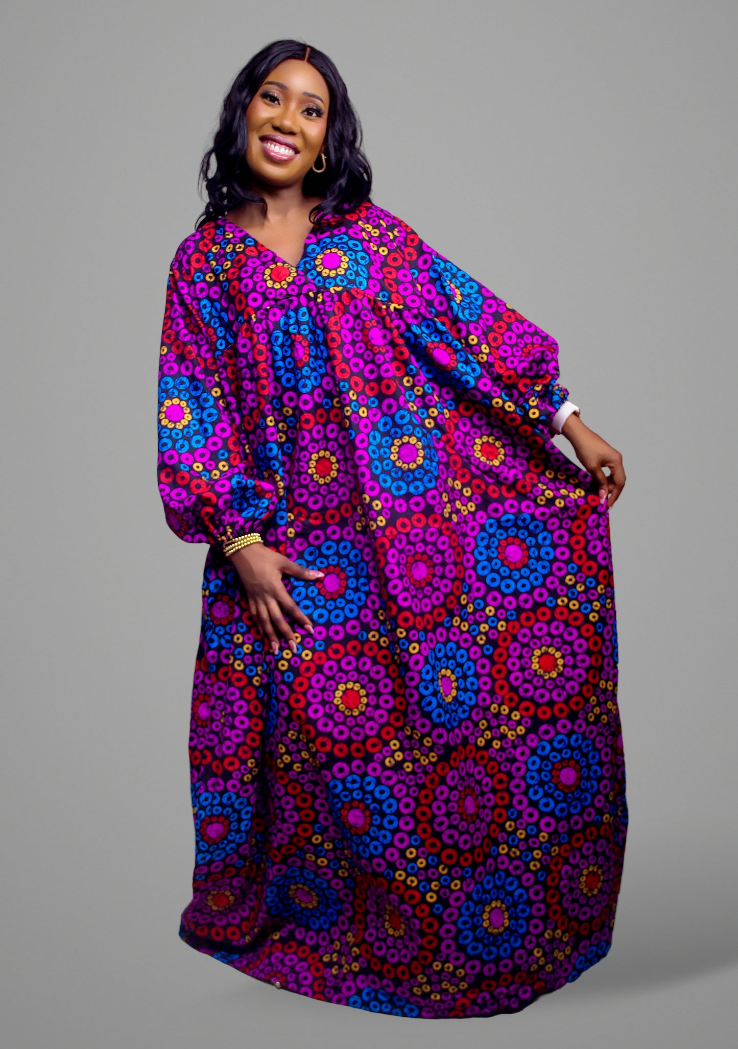 V-neck maxi kaftan with a vibrant purple and blue concentric circle African print