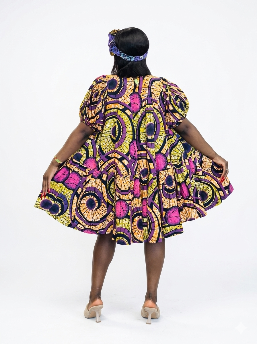 Back view of a yellow and purple geometric print tiered mini dress.