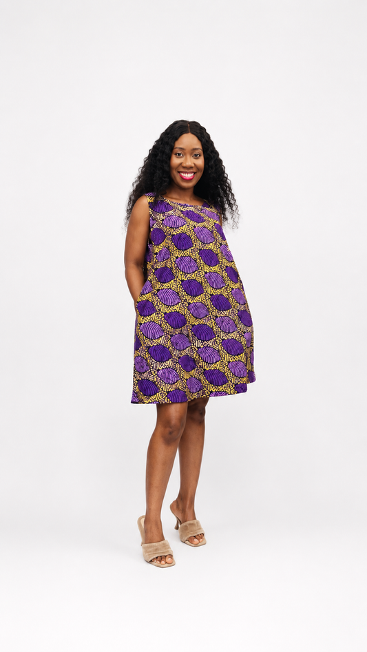 Front view of the purple and yellow A-line mini dress featuring a sleeveless cut and side pockets.