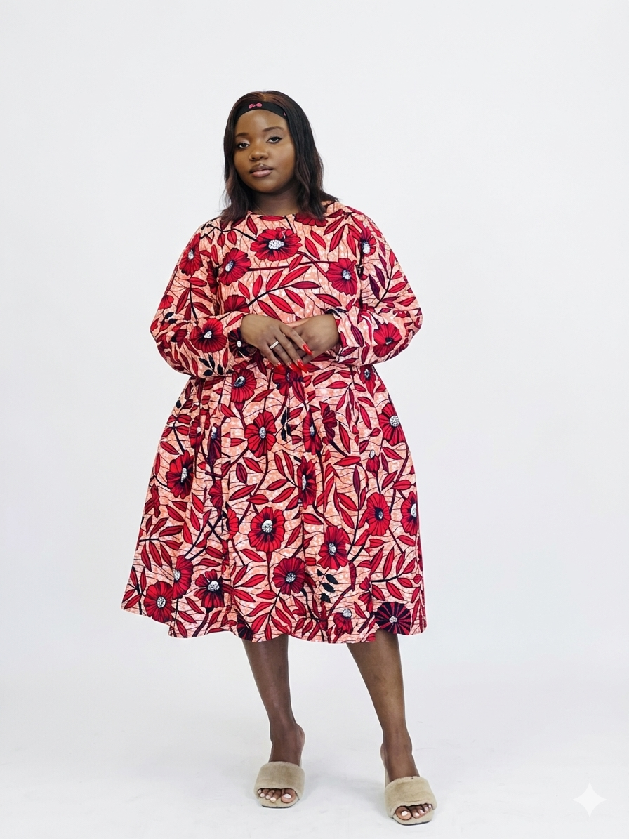 A long sleeve midi dress featuring a red floral print on a light background.