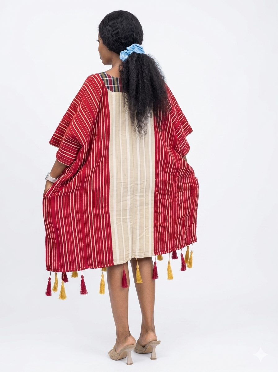 Back view of the striped kaftan dress showing the tassel trim along the bottom edge.