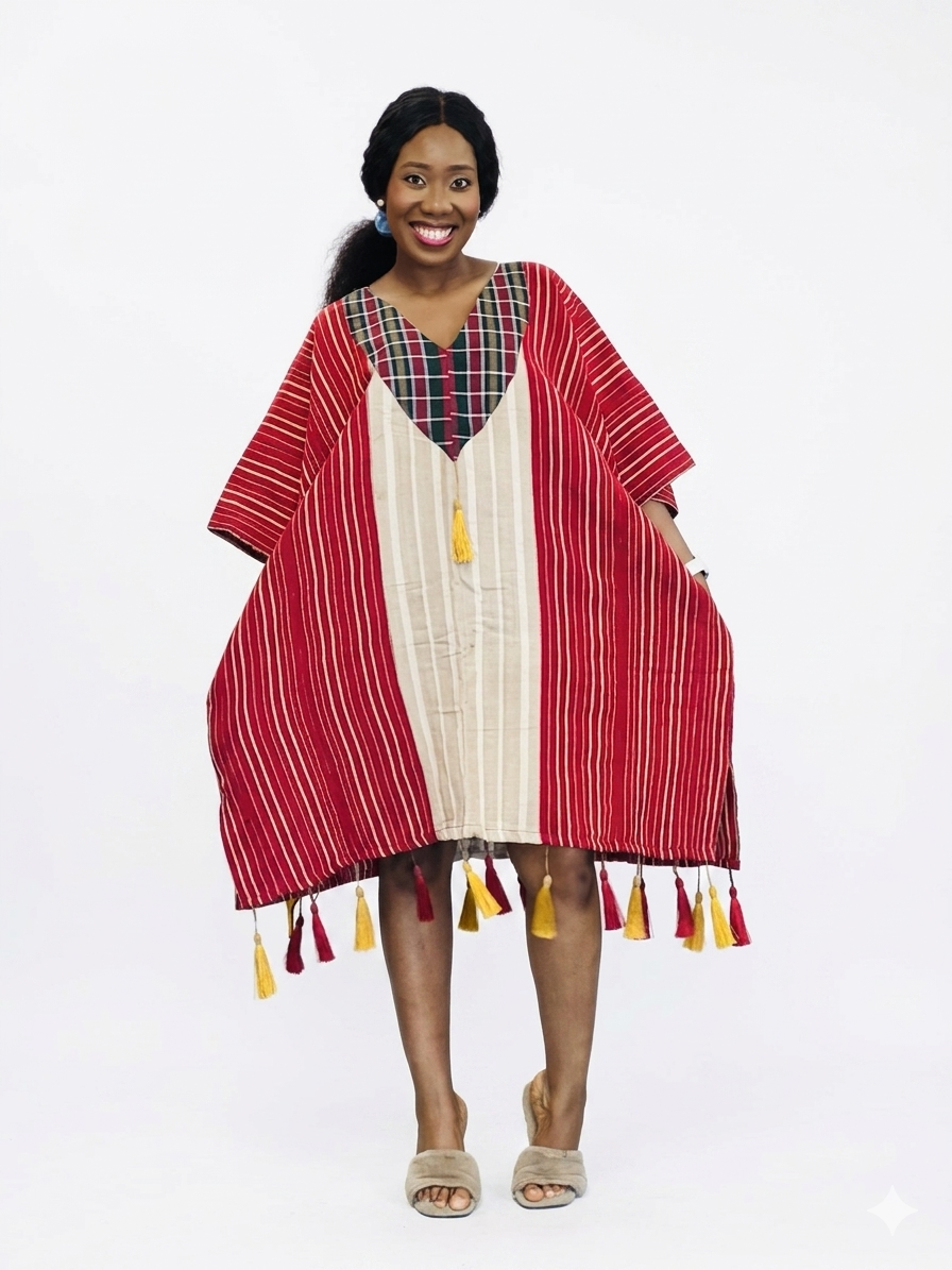 Full front view of the striped kaftan dress with a centered plaid neckline detail.