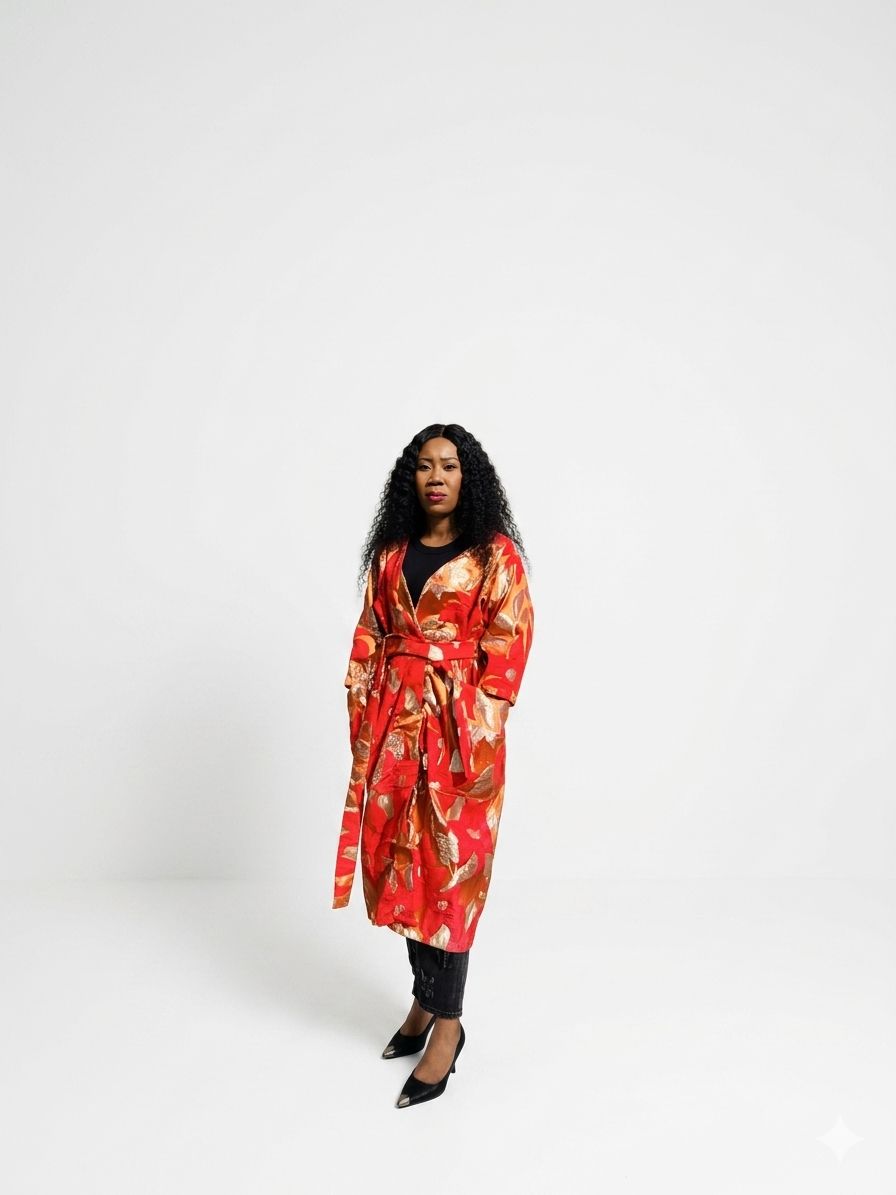Three-quarter view of a woman wearing a red and gold floral brocade kimono coat with tie belt.