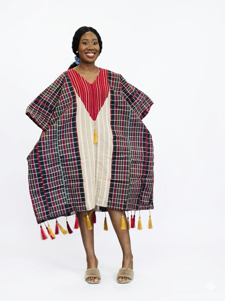 Full front view of the kaftan dress showing the plaid fabric side panels and centered red stripe.