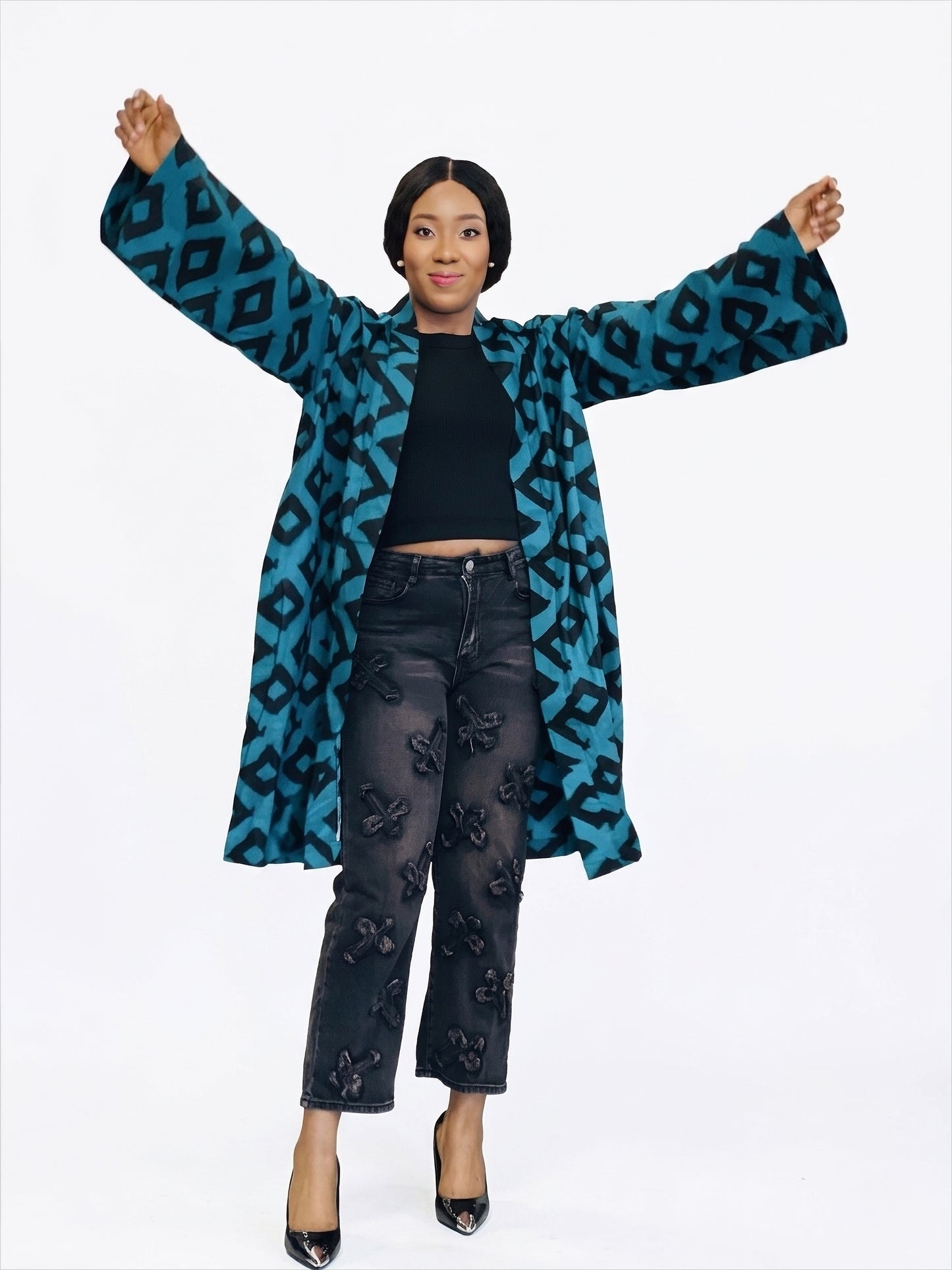 Full length view of kimono jacket with open sleeves spread wide