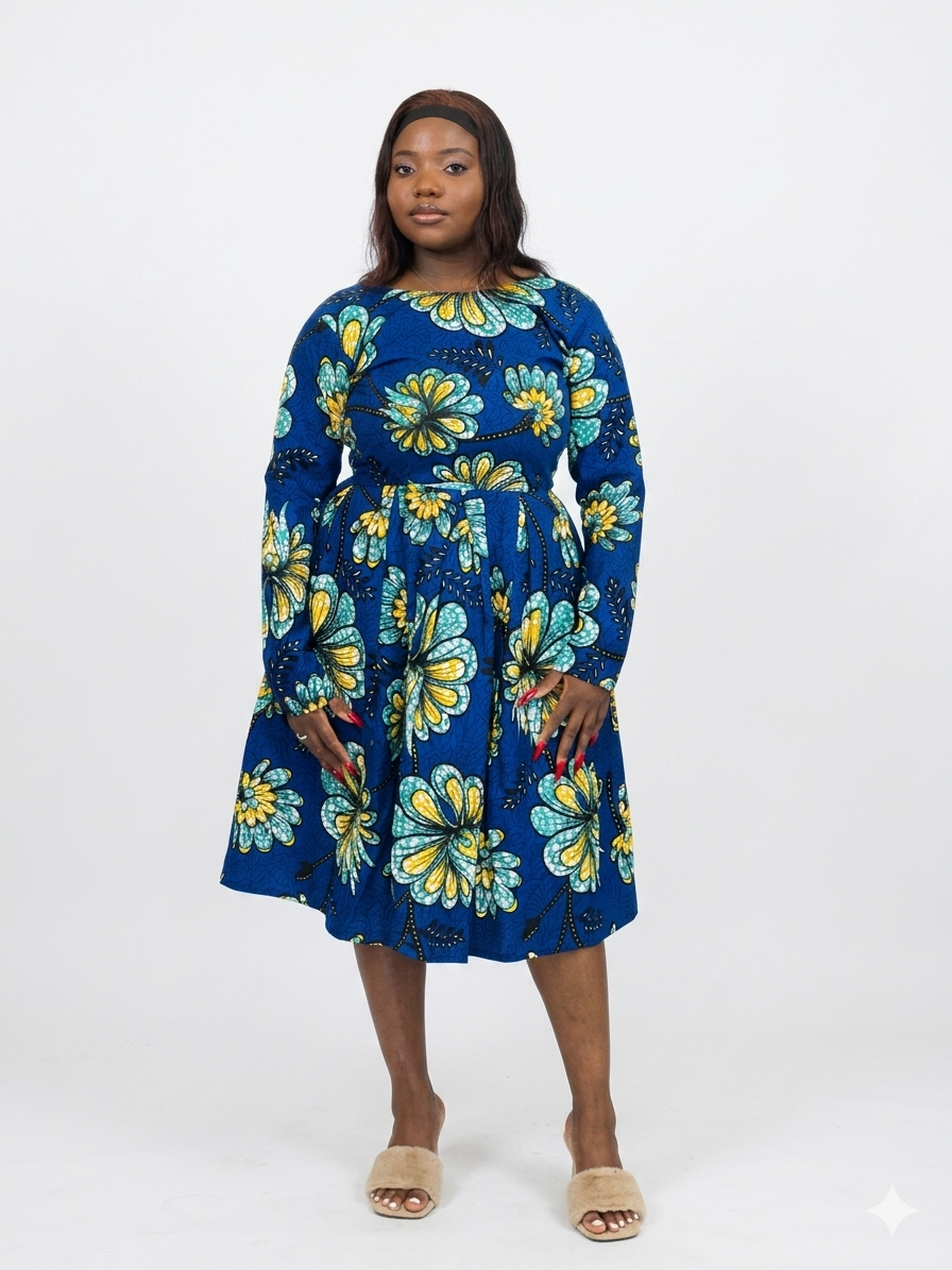 Front view of a midi dress in a vibrant blue floral African print with yellow accents.
