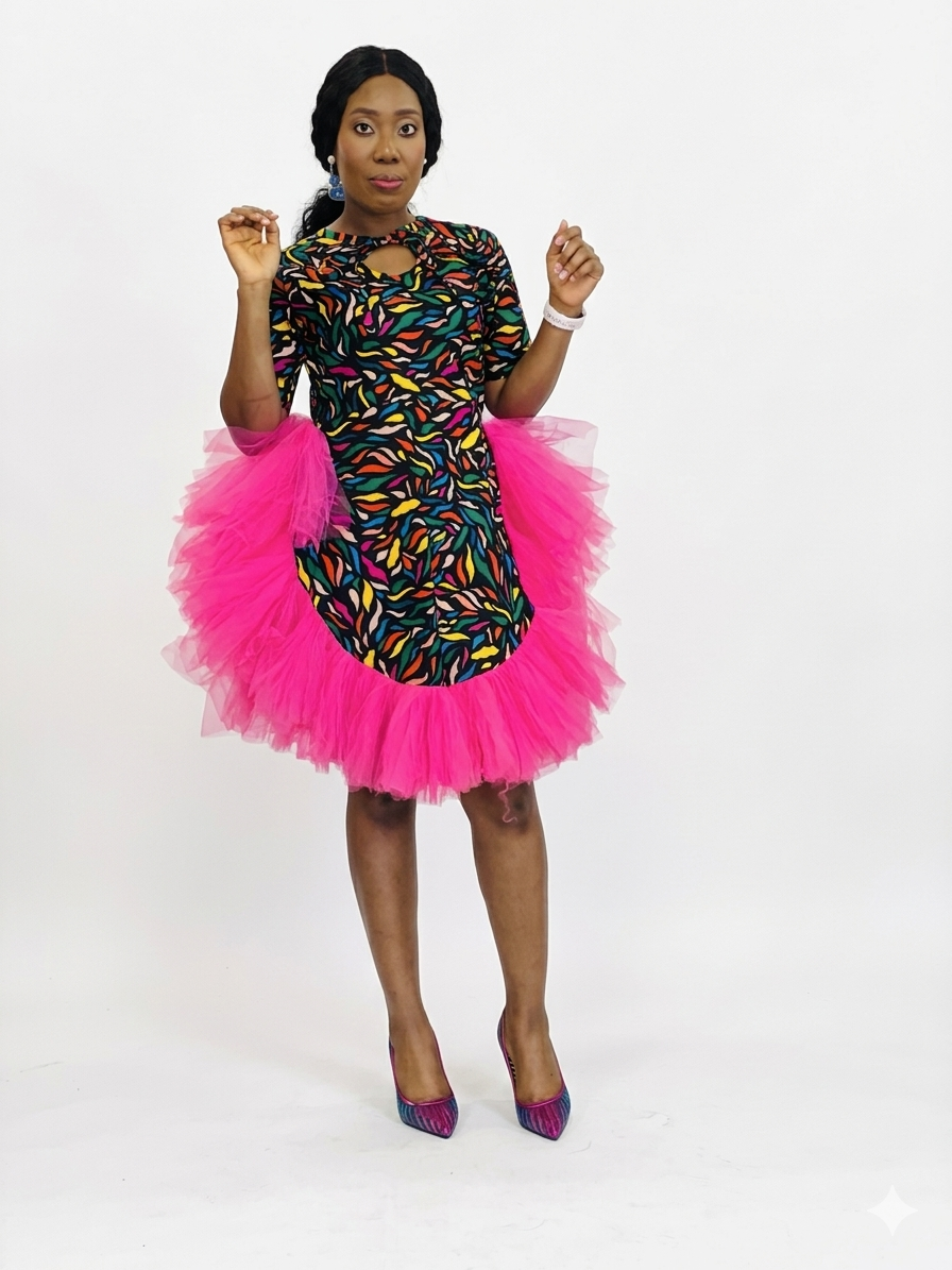 Front view of the patterned mini dress with vibrant pink tulle trim detail