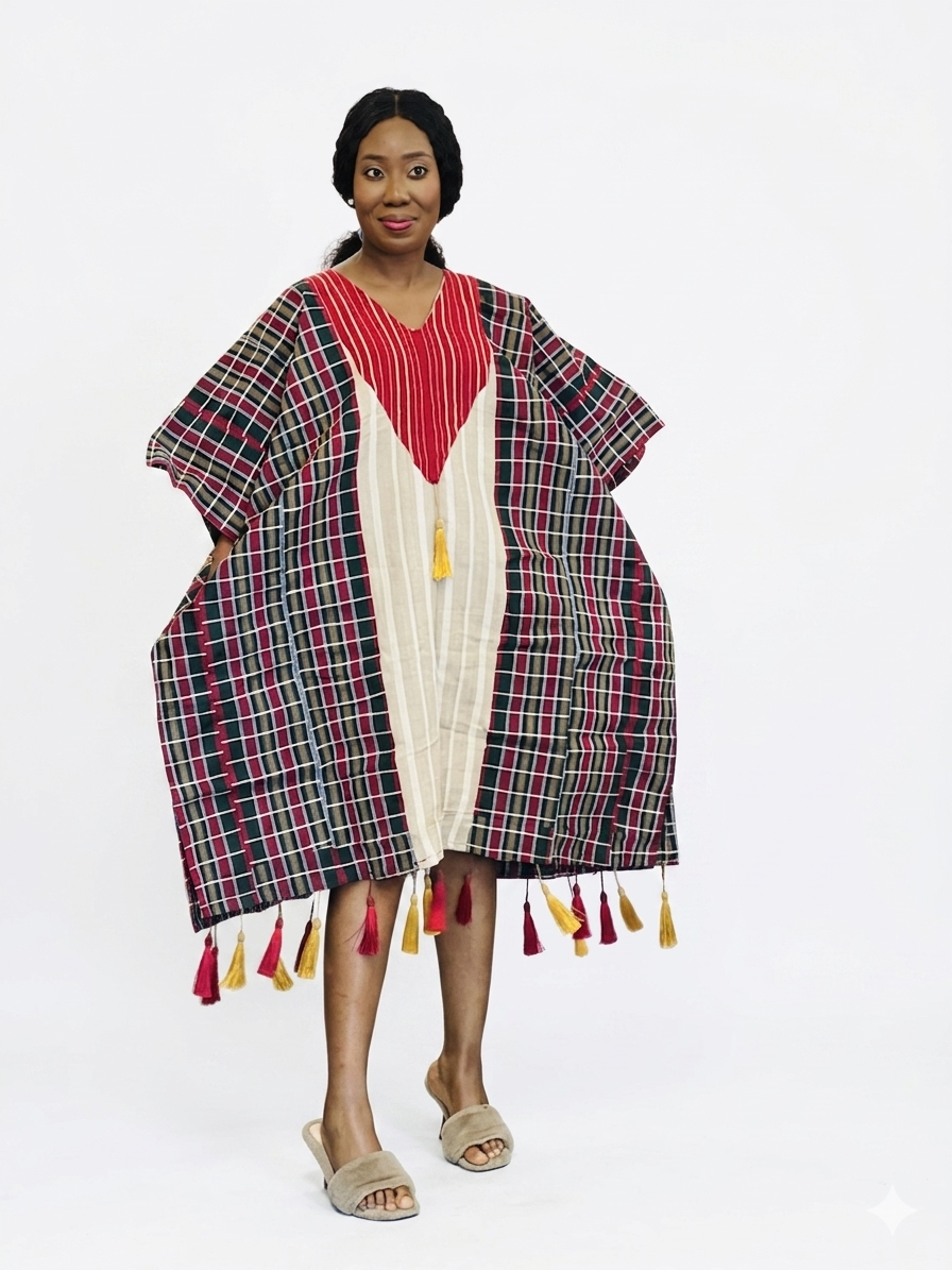 Striped Cotton Kaftan Dress with Tassel Detail