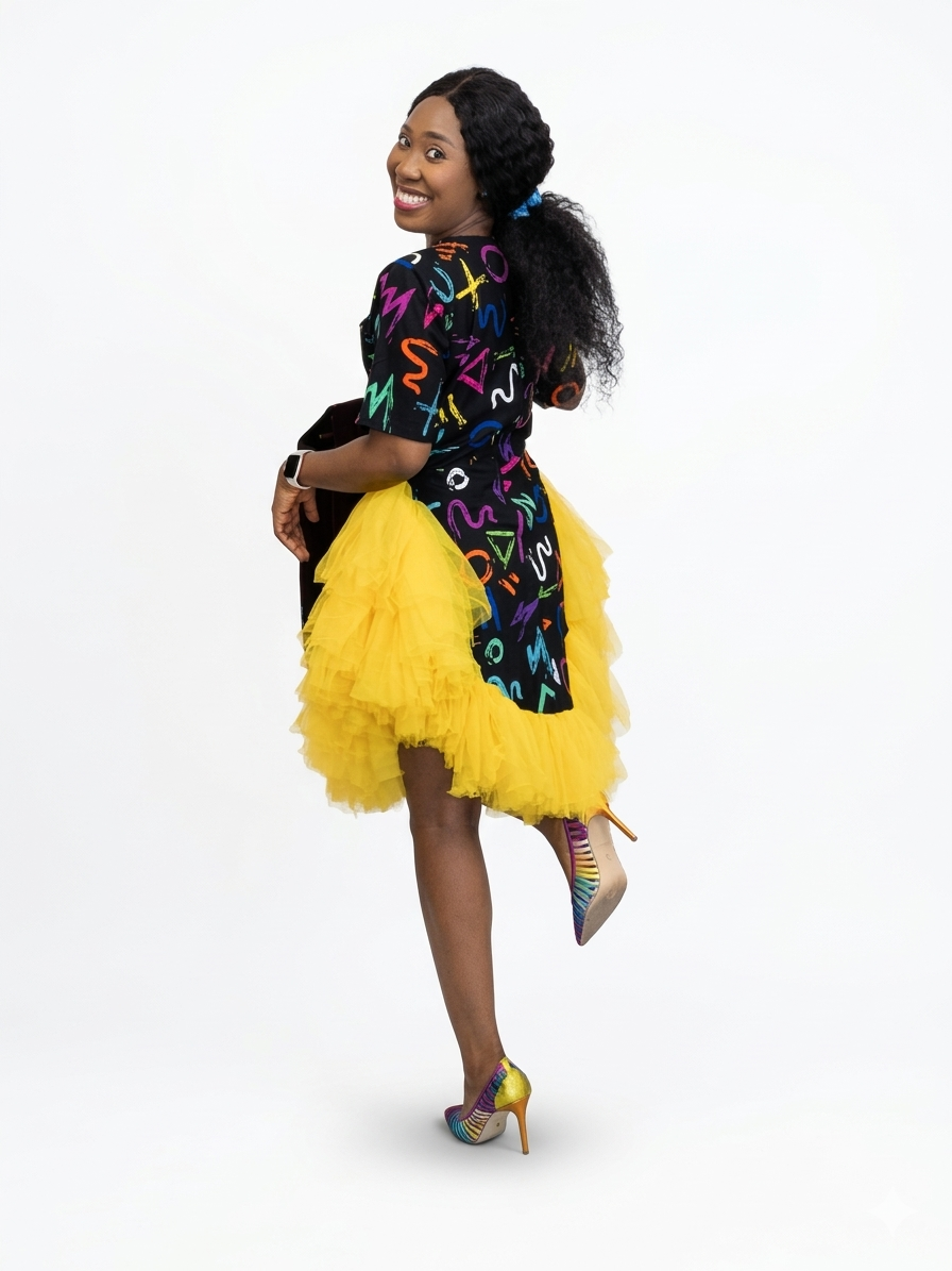 Back view of the patterned mini dress in the yellow tulle variant
