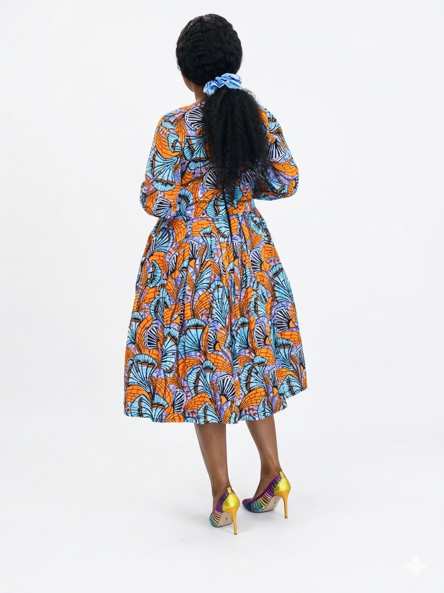 Back view of the orange and blue fan-print midi dress showing the zipper closure.