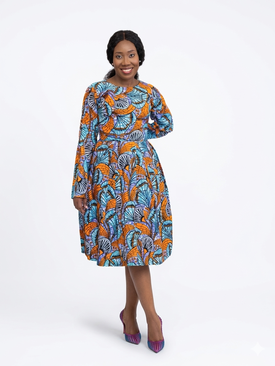Front view of a midi dress with long sleeves in an orange, light blue, and white fan-inspired African print fabric.