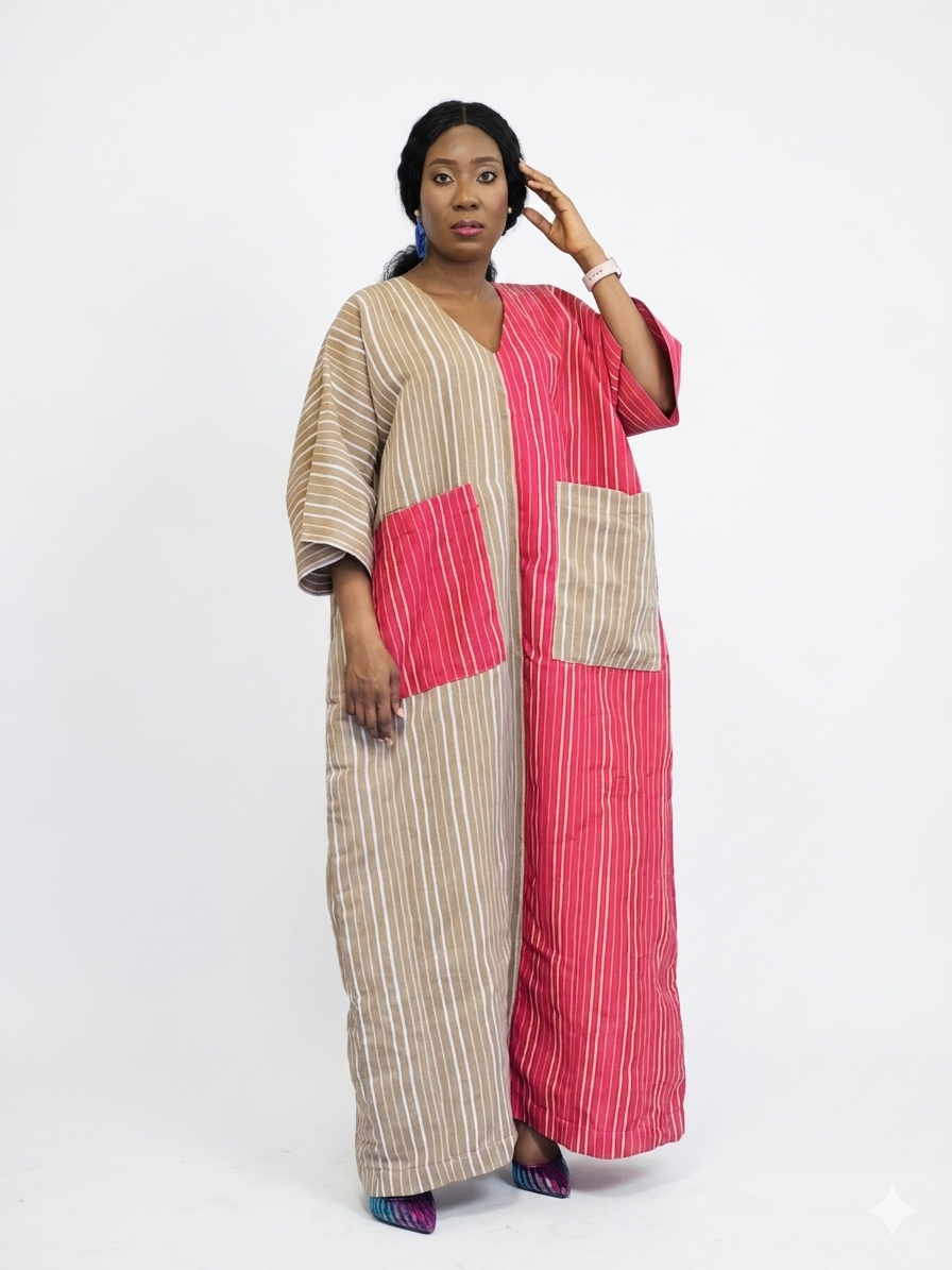 Full front view of the colorblocked kaftan dress in 100% cotton