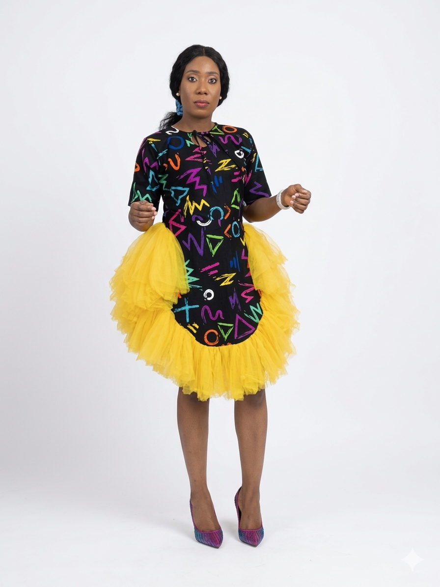 Front view of the patterned mini dress in the yellow tulle variant