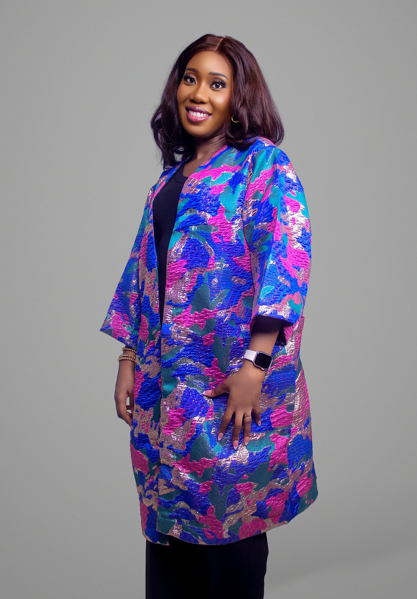 Floral Brocade Kimono Coat with Tie Waist