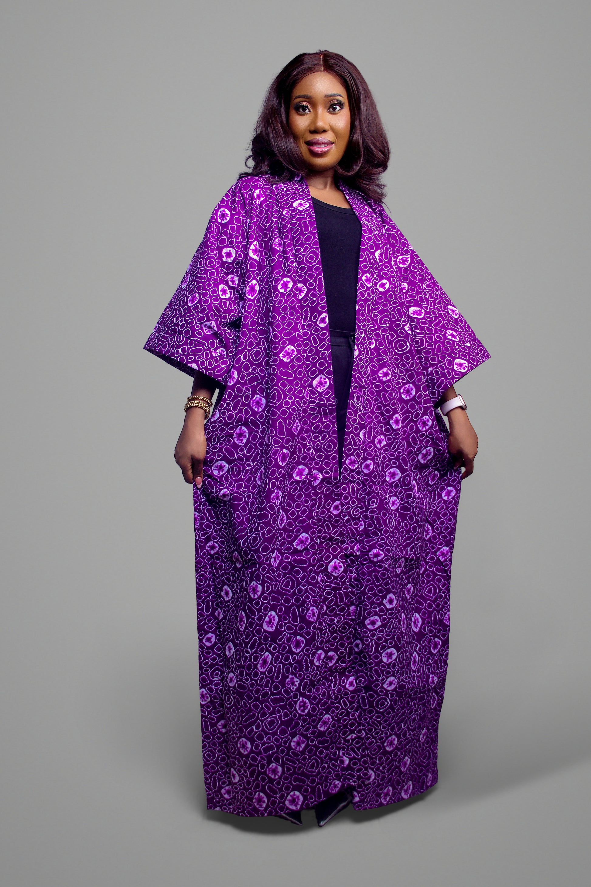 Purple batik print maxi kimono with open front design and wide sleeves in 100% African cotton