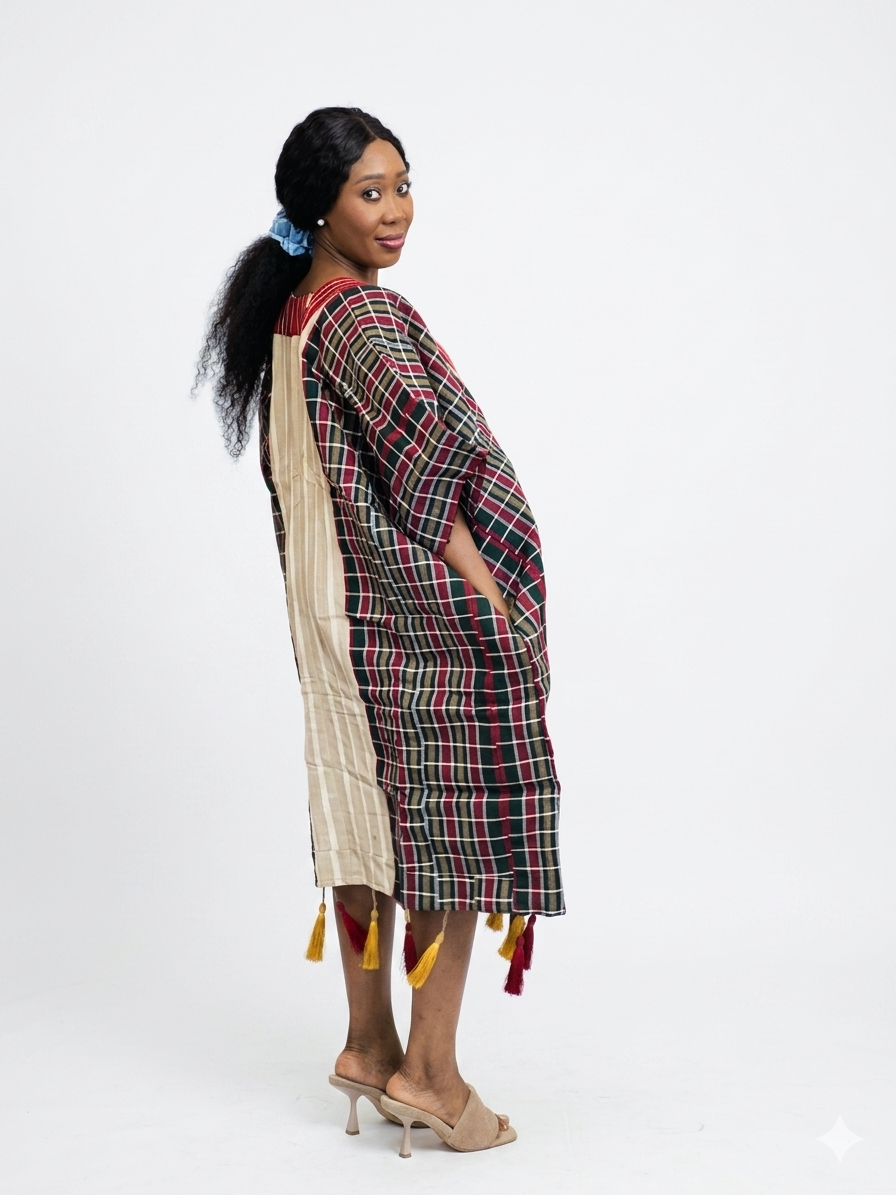 Striped Cotton Kaftan Dress with Tassel Detail