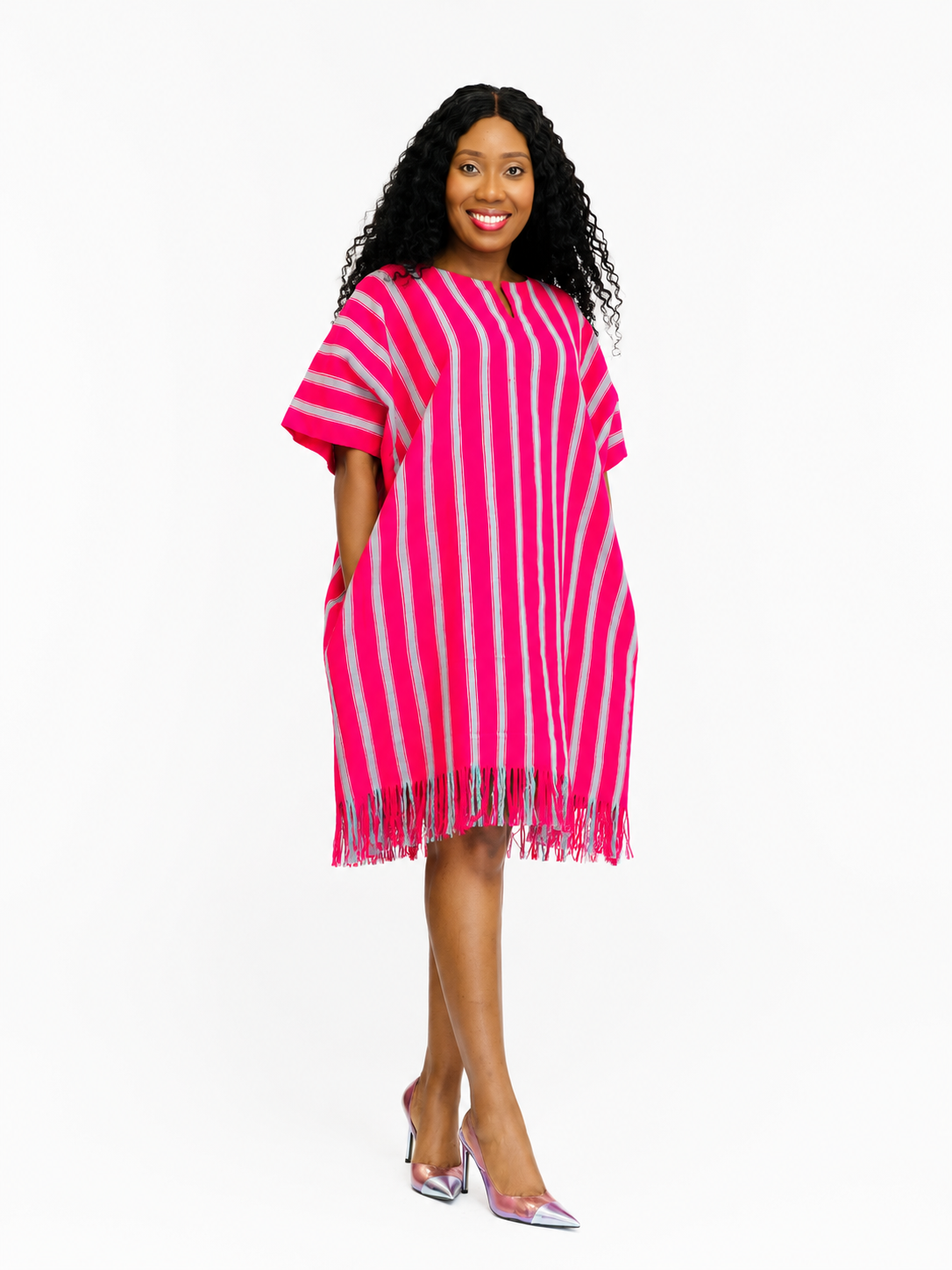Front view of a pink kaftan dress with vertical stripes and fringe hem