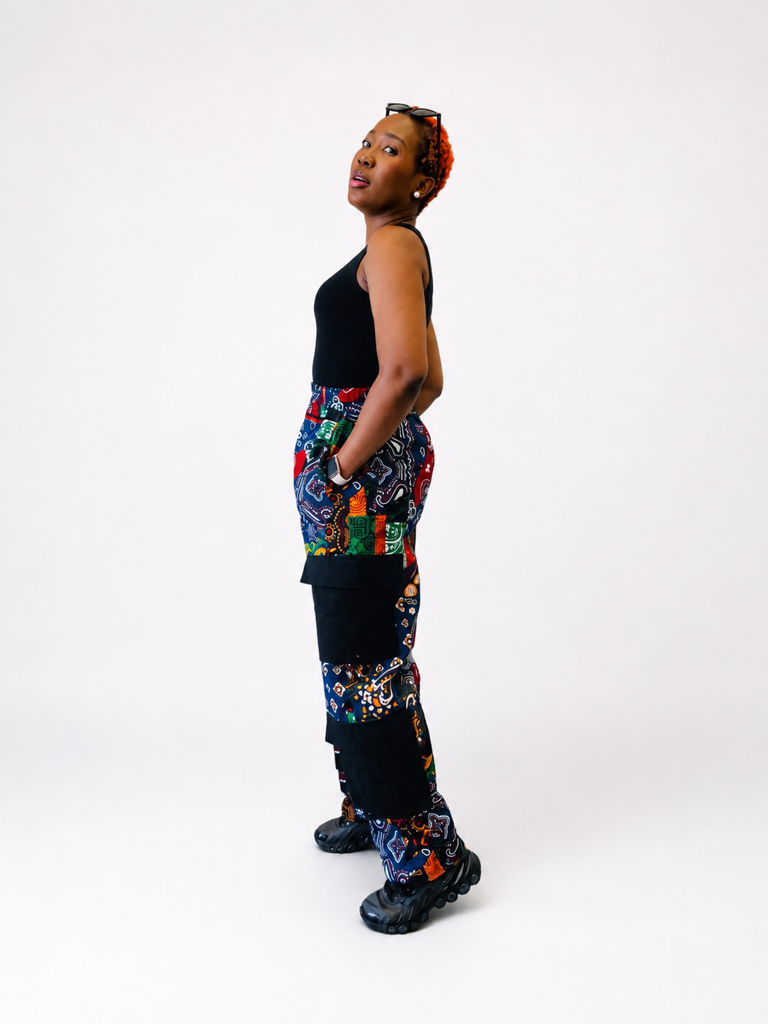 Rear angle of the relaxed-fit patchwork print cargo pants