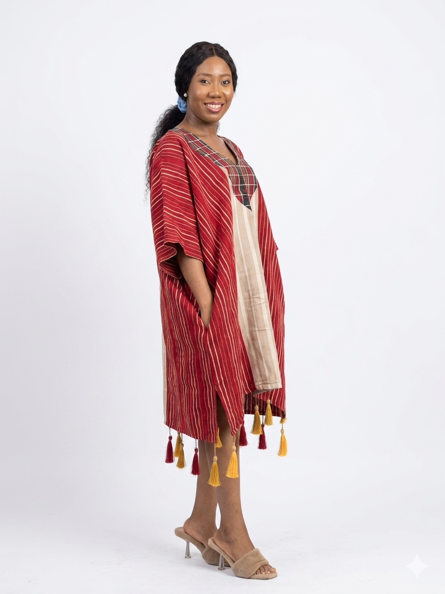 Side profile of the striped cotton kaftan dress highlighting the relaxed fit and pocket placement.