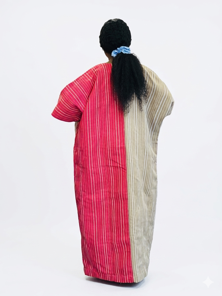 Back view of the vertical striped kaftan dress showing color-paneled design