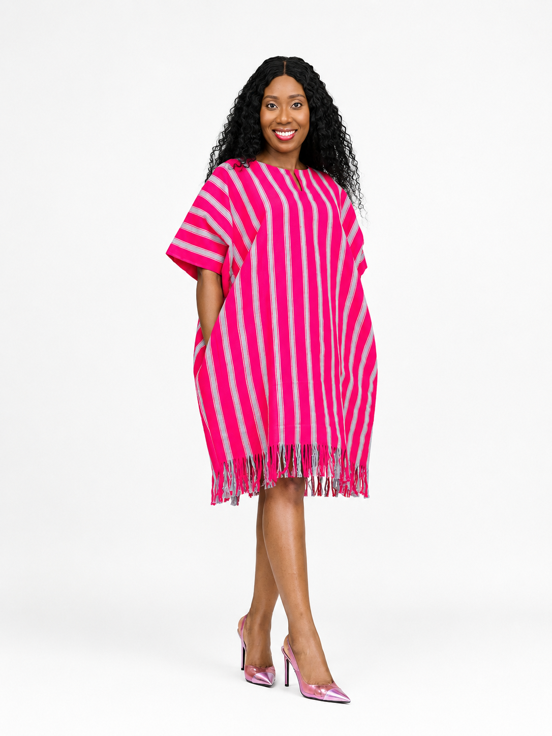 Full front view of the pink kaftan dress with a focus on the pattern