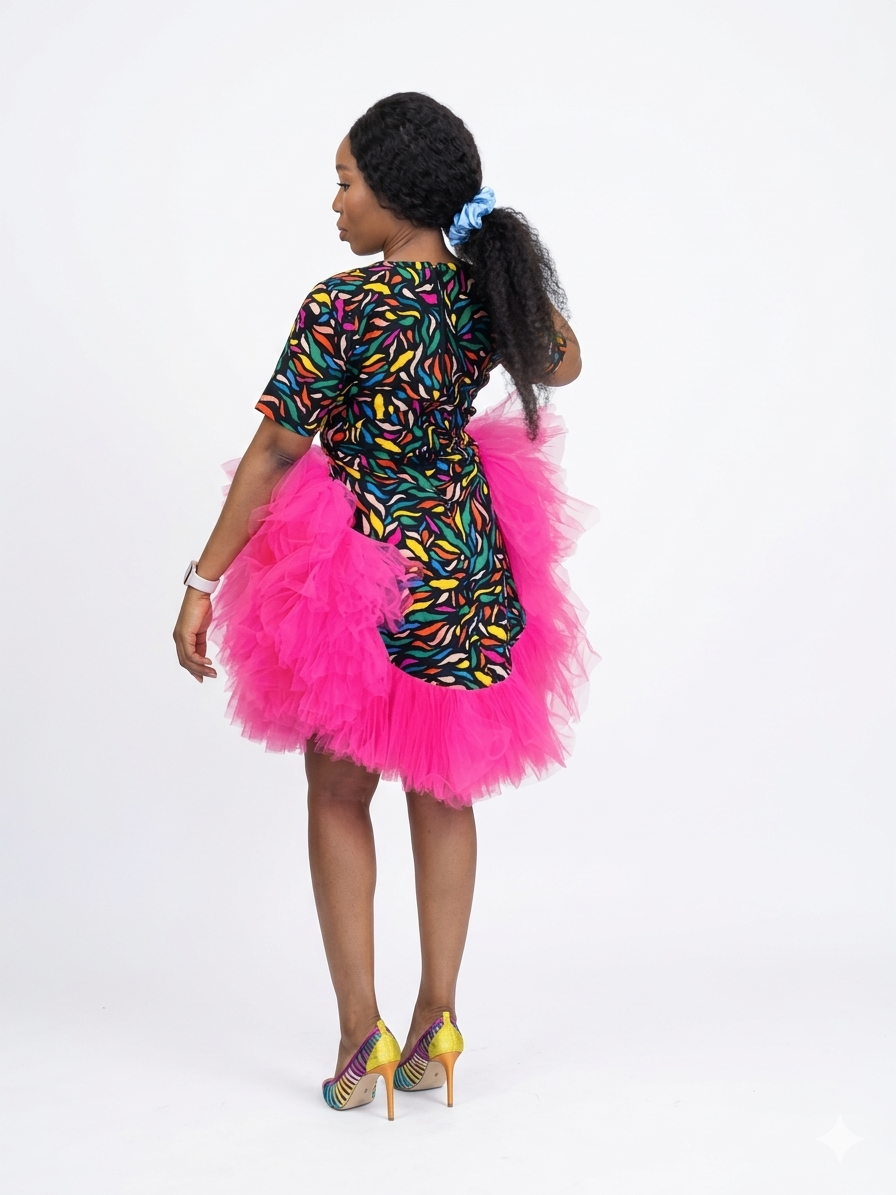 Back view of the patterned mini dress showcasing the tulle hem volume