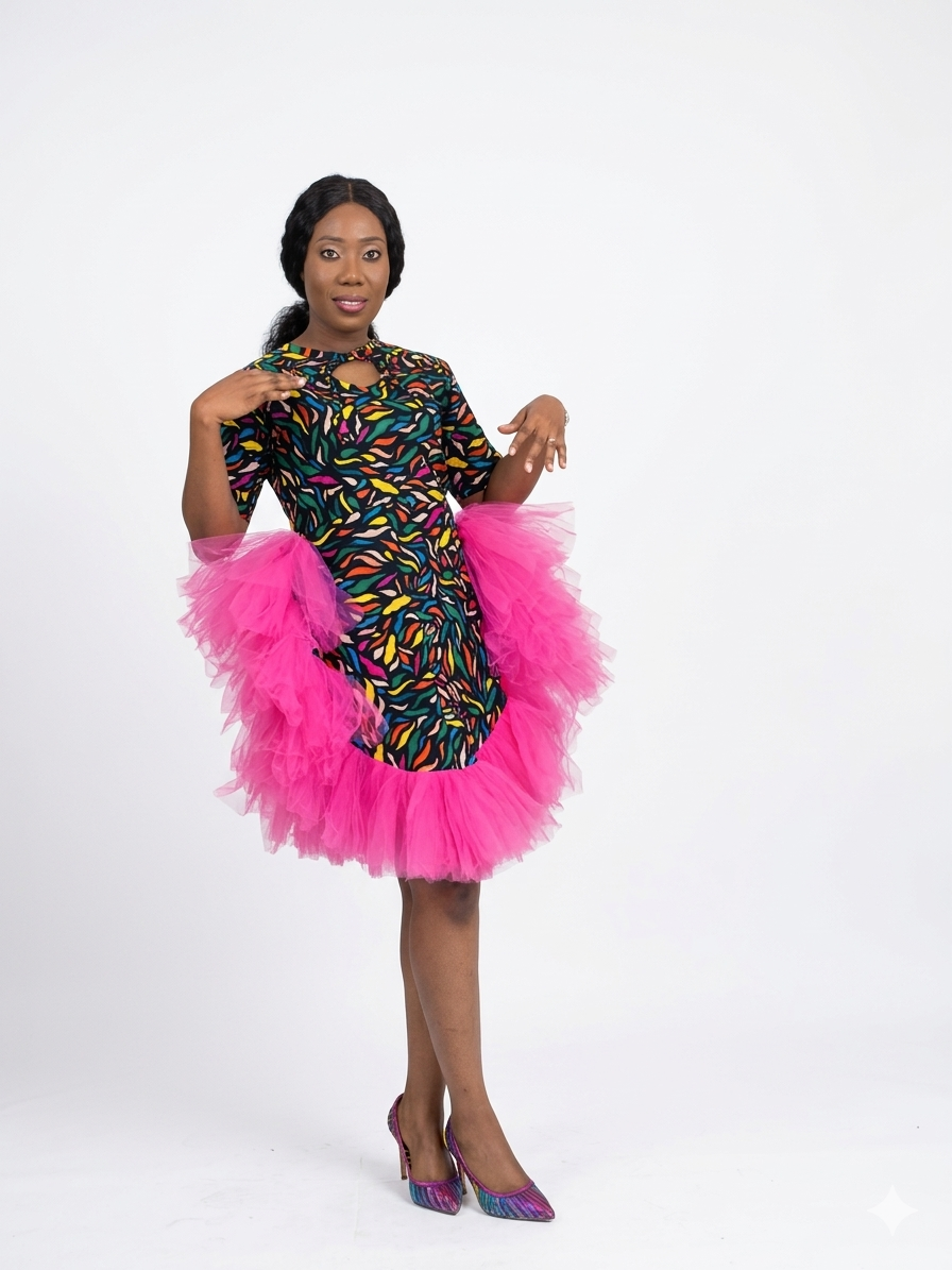 Front view of the patterned mini dress in the pink tulle variant