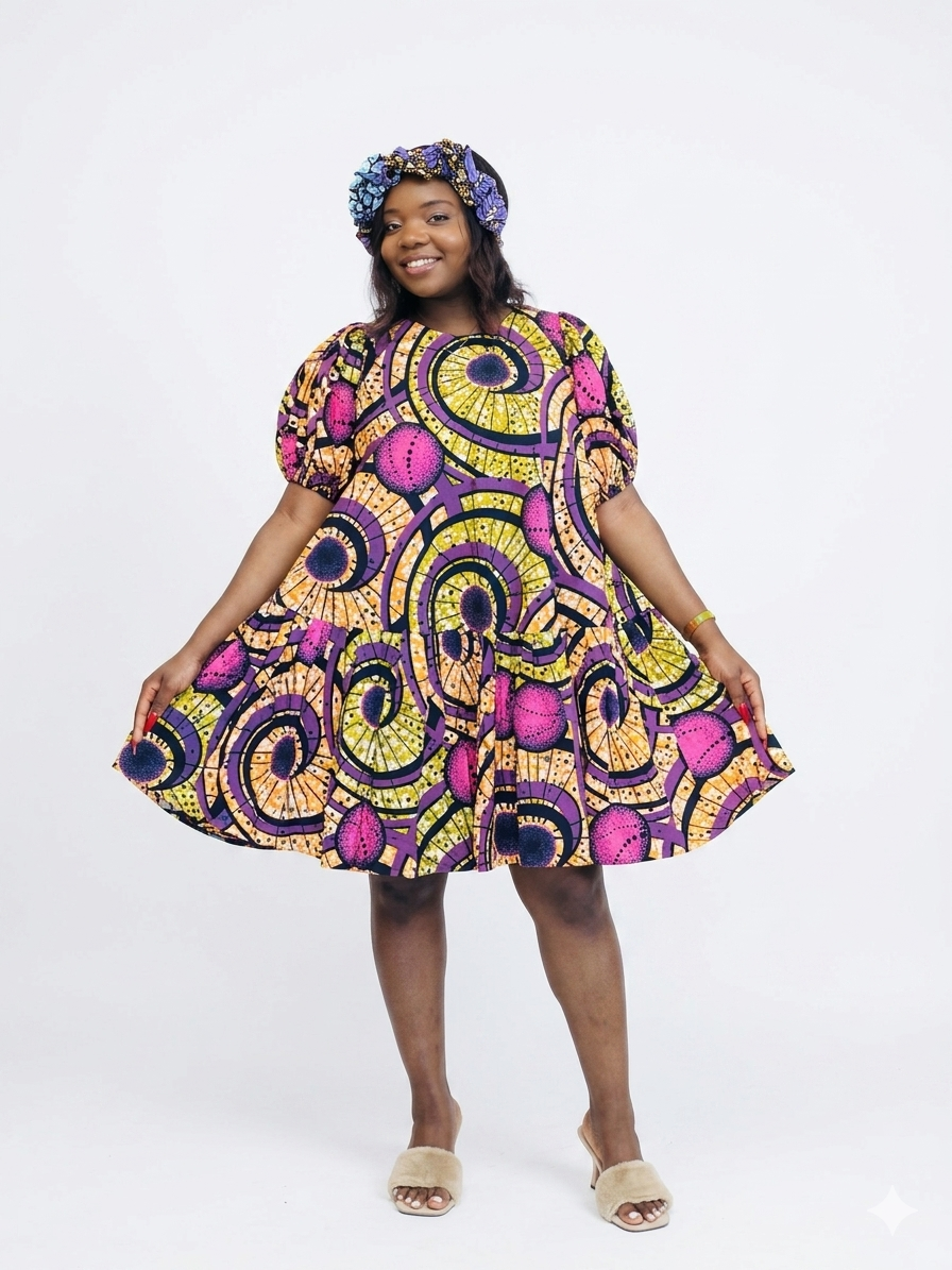 Front view of a smiling woman in a yellow and purple geometric print babydoll dress.